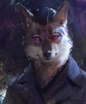 anthro biped black_nose clothed clothing fully_clothed glowing glowing_eyes hair looking_at_viewer male pink_eyes purple_eyes smile solo text whiskers nomax canid canine canis coyote mammal 2020 bust_portrait detailed digital_media_(artwork) digital_painting_(artwork) hi_res painting_(artwork) portrait shaded url