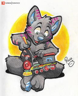 anthro front_view fur glistening glistening_eyes green_eyes grey_body grey_fur happy holding_object holding_screwdriver holding_tool logo male nude open_mouth open_smile screwdriver simple_background sitting smile solo striped_arms striped_ears tinkering tools toy young young_anthro young_male pandapaco canid canine mammal artist_logo signature