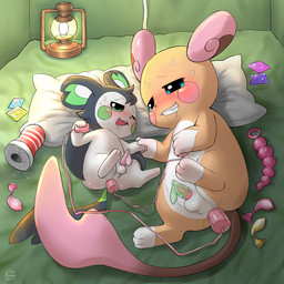3_toes adolescent anal_beads animal_genitalia animal_penis balls blue_eyes blush bodily_fluids condom controller cum drooling duo feet filled_condom genital_fluids genitals green_eyes lamp lantern male male/male penetrable_sex_toy penis pillow remote_control saliva sex_toy sex_toy_background sexual_barrier_device shota tapering_penis tent toes vibrator wearing_condom young choreuny nintendo pokemon alolan_form alolan_raichu emolga generation_5_pokemon generation_7_pokemon mammal pokemon_(species) regional_form_(pokemon) rodent sciurid 1:1 2019 hi_res