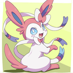 ambiguous_gender blue_body blue_eyes blue_fur blush border bow_(anatomy) fangs female feral fur looking_back multicolored_body multicolored_fur paws pink_body pink_fur raised_paw rear_view ribbons_(anatomy) simple_background sitting smile solo teeth white_body white_border white_fur noye nintendo pokemon eeveelution generation_6_pokemon pokemon_(species) sylveon 1:1 2025 digital_drawing_(artwork) digital_media_(artwork) hi_res