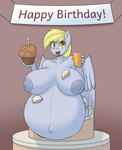 5_fingers anthro anthrofied areola belly beverage big_belly big_breasts big_nipples birthday blonde_hair breasts bumpywish cake container cup derpy_hooves_(mlp) dessert digital_media_(artwork) dual_holding equid equine eyelashes feathered_wings feathers female fingers fire food friendship_is_magic grey_areola grey_body grey_feathers grey_nipples hair hasbro hi_res holding_beverage holding_container holding_cup holding_food holding_object huge_belly huge_breasts hyper hyper_pregnancy juice_(beverage) mammal muffin my_little_pony mythological_creature mythological_equine mythology nipples open_mouth open_smile orange_juice pegasus pregnant pregnant_anthro pregnant_female smile solo wings yellow_eyes