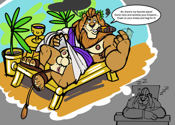 animal_genitalia anthro anus balls beverage bodily_fluids cigar clothing container cup dominant dominant_male dream drooling flaccid genitals lying male muscular muscular_dom muscular_male nipples on_back outside penis perineum plant presenting royalty saliva sheath slave sleeping smoking solo sound_effects speech_bubble text thought_bubble toga vowelless vowelless_sound_effect zzz anothermeekone disney zootopia leodore_lionheart felid lion mammal pantherine english_text