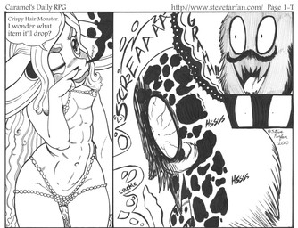 anthro armor bikini breasts clothed clothing duo female fire hair long_hair long_nails magic magic_user male nipples skimpy small_breasts spell swimwear text two-piece_swimsuit wide_hips young young_anthro young_female caramelthecalf caramel_(stevefarfan) bovid bovine cattle equid equine horse mammal monster black_and_white comic english_text monochrome pen_(artwork) traditional_media_(artwork) url