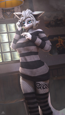 anthro blue_eyes breasts cheek_tuft cigarette clothed clothing facial_tuft female fishnet_clothing fishnet_legwear fluffy fluffy_tail footwear fur hair leg_tattoo legwear looking_at_viewer medium_breasts pattern_clothing pattern_footwear pattern_legwear pattern_socks pattern_sweater pattern_thigh_highs pattern_thigh_socks pattern_topwear pawpads rubbing_eyes smoking smoking_cigarette socks solo standing striped_clothing striped_footwear striped_legwear striped_socks striped_sweater striped_thigh_highs striped_thigh_socks striped_topwear stripes sweater tail tattoo text thigh_highs thigh_socks topwear tuft white_body white_fur white_hair conditional_dnp domi3d warfaremachine_(modeler) maxine_(domibun) canid canine fox mammal 3d_(artwork) 4k 9:16 absurd_res digital_media_(artwork) english_text hi_res source_filmmaker_(artwork)