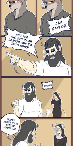 ahoge anthro beard black_nose breasts brown_body clothed clothing cross cross_necklace dialogue exclamation_point eyewear facial_hair female fingers fluffy fluffy_tail fur gesture glasses grey_hair group hair hand_gesture jewelry male necklace nun pointing pointing_at_another shirt speech_bubble tail text topwear trio the_man jay_naylor_(character) madeline_(jay_naylor) the_man_(character) canid canine canis domestic_cat domestic_dog felid feline felis human mammal 2023 absurd_res english_text hi_res