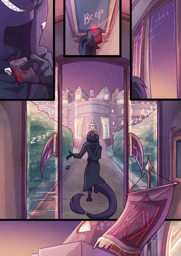 3_toes anthro barefoot card clothing digitigrade ear_piercing ear_ring evening fangs feet flag fur gate grin hair horn male orange_eyes piercing purple_body purple_eyes purple_fur purple_hair red_flag ring ring_piercing robe smile solo star teeth text toes unlocking ripli a_story_with_a_known_end rivenlod_rygers canid canine demon mammal 2025 comic digital_media_(artwork) english_text translated