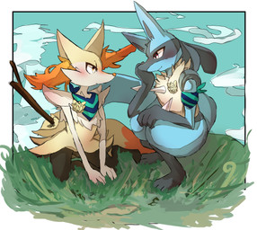 3_fingers 3_toes ambiguous_anthro ambiguous_gender anthro arm_tuft badge black_body black_nose blue_body blue_fur blush blush_lines border cheek_tuft chest_tuft closed_smile cloud crouching digitigrade dipstick_tail duo eye_contact facial_tuft feet fingers fluffy fluffy_tail front_view fur grass harmony_scarf head_on_hand hip_tuft inner_ear_fluff kerchief kneeling looking_at_another markings mostly_nude_ambiguous mostly_nude_anthro mouth_closed multicolored_body multicolored_fur neckerchief neckwear object_in_tail orange_body orange_fur orange_inner_ear_fluff orange_nose orange_tail_tip outside plant pointy_ears prick_ears shoulder_tuft side_view smile snout spikes spikes_(anatomy) stick stick_in_tail tail tail_markings toes tuft white_body white_border white_fur yellow_body yellow_eyes yellow_fur yellow_tail izon448 nintendo pokemon pokemon_mystery_dungeon spike_chunsoft braixen canid generation_4_pokemon generation_6_pokemon lucario mammal pokemon_(species) 2023 absurd_res cel_shading colored digital_drawing_(artwork) digital_media_(artwork) hi_res shaded