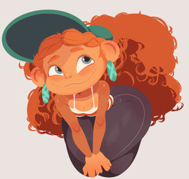 alternate_species anthro baseball_cap big_butt bottom_heavy bottomwear breasts butt cleavage clothed clothing curly_hair denim denim_bottomwear denim_clothing ear_piercing ear_ring female fluffy fluffy_hair fur furrification green_eyes grey_background hair halter_top hands_on_knees hands_on_legs hat headgear headwear jeans leaning leaning_forward long_hair looking_away medium_breasts orange_body orange_fur orange_hair pants piercing ring_piercing simple_background smile solo thick_thighs tight_bottomwear tight_clothing wide_hips lurkin disney inner_workings kate_(inner_workings) haplorhine mammal monkey primate 2025 absurd_res hi_res