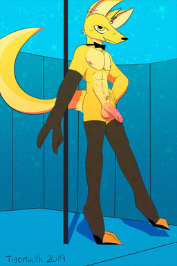 anthro balls blush bow_(feature) bow_tie circumcised clothing ear_piercing ear_ring eyeshadow femboy fingers flaccid fur genitals gloves handwear humanoid_genitalia humanoid_penis legwear makeup male navel nipples nude penis piercing pole ring_piercing simple_background smile solo star stockings strip_club stripper stripper_pole tigertooth canid canine fox mammal 2019 digital_media_(artwork) hi_res