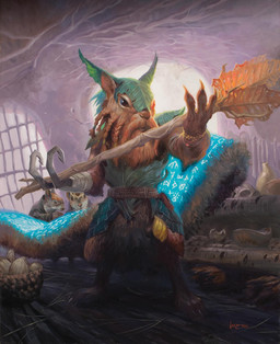 anthro barefoot beard braided_beard brown_body brown_fur facial_hair feet fur group holding_object holding_staff inside leaf_clothing male prosthetic prosthetic_hand runes solo_focus staff standing tail window lucas_graciano hasbro magic:_the_gathering wizards_of_the_coast mammal rodent sciurid tree_squirrel hi_res official_art traditional_media_(artwork)