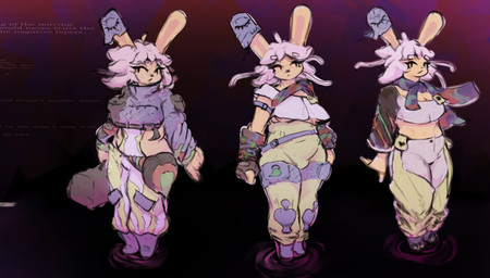 anthro bag bulge chaps clothing design_comparison fur gloves gynomorph hair handwear intersex jacket orange_body orange_fur pink_hair simple_background slightly_chubby solo topwear tube_top vest rosiamn io_(rosiamn) lagomorph leporid mammal rabbit model_sheet sketch