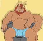 anthro barazoku big_bulge blue_clothing blue_underwear bulge chair cigarette clothing fur furniture holding_object horn looking_at_viewer male mane musclegut muscular muscular_male on_chair simple_background sitting sitting_on_chair slightly_chubby smoke solo spread_legs spreading tail tight_underwear underwear yellow_background tylerstark mythology white_oyster tony_malzone dragon furred_dragon furred_scalie mythological_creature mythological_scalie scalie absurd_res hi_res