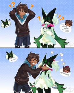 angry body_swap brown_hair claws clothed clothing cross-popping_vein dialogue duo eyes_closed facial_markings featureless_crotch female feral fur green_body green_fur hair head_markings male markings mask_(marking) navel nude open_mouth pattern_background pawpads petting question_mark red_eyes simple_background speech_bubble synchro_machine text toony purrynx queenpurr nintendo pokemon axel_(poke789) felid feline generation_9_pokemon human mammal meowscarada pokemon_(species) comic english_text headshot_portrait portrait