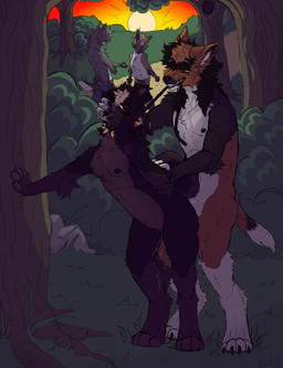 ambiguous_fluids anthro breasts claws collar covering covering_mouth duo ear_piercing facial_piercing female fingers floppy_ears forest forest_background fur grass hair leash leash_in_mouth leash_pull long_hair male male/female multicolored_body multicolored_fur multiple_piercings nature nature_background nipples nose_piercing nose_ring object_in_mouth orange_eyes piercing plant public ring_piercing rock sex shrub spiked_collar spikes sunset tail tree white_body white_fur kiwikwe canid canine canis chihuahua domestic_dog mammal maned_wolf pomeranian spitz toy_dog absurd_res hi_res