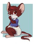 anthro baby blue_background clean_diaper clothed clothing diaper fur long_tail male red_body red_eyes red_fur shirt simple_background sitting solo tail topwear wearing_diaper white_background white_body white_fur young young_anthro young_male babystar mammal mouse murid murine rodent 2016 hi_res