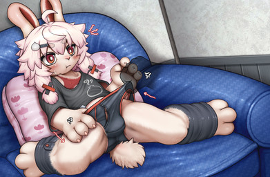 ahoge anthro armchair barely_visible_genitalia barely_visible_penis biped black_clothing black_shirt black_topwear black_underwear blush bodily_fluids bulge chair clothed clothing cross-popping_vein eyebrows flaccid furniture genitals hair inside male nipple_outline partially_clothed penis pigtails pillow scut_tail shirt short_tail sitting solo sweat tail topwear underwear white_hair young young_anthro young_male wolfeed lagomorph leporid mammal rabbit 2026 alternate_version_at_paywall hi_res