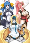 accessory anthro blonde_hair blue_hair blush breasts cleavage clothed clothing female group hair headband kemono kneeling looking_at_viewer melee_weapon pink_hair ponytail ribbons skimpy standing sword tail under_boob weapon yaise arc_system_works guilty_gear baiken dizzy_(guilty_gear) millia_rage canid canine canis domestic_cat felid feline felis fox gear_(guilty_gear) lagomorph leporid mammal rabbit wolf