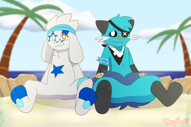 bandage bandaged_arm bandaged_leg beach clothing duo eye_patch eyewear fur fur_markings kerchief looking_at_viewer male male/male markings neckwear nude pawpads paws scarf shell sitting smile davyboi nintendo pokemon rabbity_the_raboot spearmint_iv_the_dewott dewott generation_5_pokemon generation_8_pokemon pokemon_(species) raboot 3:2 absurd_res hi_res