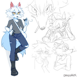 5_fingers anthro biped cigarette claws clothed clothing female fingers fur hair holding_cigarette holding_object solo tail white_body white_fur white_hair yellow_eyes drawligator lyra_(drawligator) canid canine canis mammal wolf 1:1 hi_res