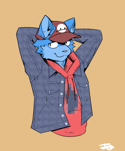 anthro baseball_cap biped blue_body blue_fur clothed clothing denim denim_clothing fully_clothed fur hands_behind_head hat headgear headwear hoodie jacket looking_at_viewer male pixelated simple_background smile solo stretching topwear jojoe jojoe_(jojoe) domestic_cat felid feline felis mammal digital_media_(artwork) half-length_portrait portrait