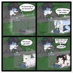anthro black_hair blue_body blue_eyes blue_fur cage dialogue eyes_closed female feral food_tray fur hair male markings plushie red_markings stuck text trapped white_body white_fur white_hair blokfort kalta_(blokfort) arctic_fox canid canine felid fennec_fox fox mammal pantherine snow_leopard true_fox 1:1 2025 comic english_text hi_res
