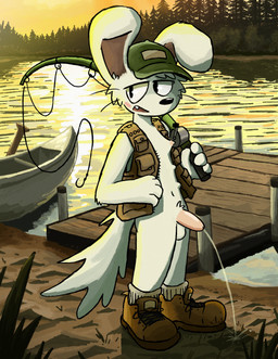 ambiguous_gender anthro balls belly_nipples black_nose blush blush_lines boat bodily_fluids boots bottomless breasts canoe casual_nudity clothed clothing erection exhibitionism fish_hook fishing fishing_rod footwear forest genital_fluids genitals grass green_clothing green_hat green_headwear half-closed_eyes hat headgear headwear hook lake light long_tail male narrowed_eyes nature nipples open_mouth outside paddle partially_clothed pee_on_floor pee_stream peeing peeing_outside penis pier plant public sand shoes socks solo splash standing sunlight sunset tail teeth text topwear tree urethra urine urine_pool vehicle vest water watercraft watersports whiskers bunnymutt lagomorph leporid mammal rabbit hi_res