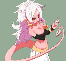 5_fingers breasts cleavage clothed clothing cupcake dessert doughnut ear_piercing ear_ring female fingers food hair humanoid_pointy_ears long_hair navel not_furry pastry piercing pink_body pink_skin pointy_ears red_eyes ring_piercing simple_background solo white_hair smiyao dragon_ball dragon_ball_fighterz android_21 majin_android_21 alien alien_humanoid humanoid majin 2018 hi_res