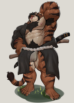 abs anthro armpit_hair asian_clothing balls_outline barazoku barefoot beard black_clothing black_hair black_kimono black_stripes body_hair bulge chest_tuft claws clothing detailed_bulge dipstick_tail east_asian_clothing facial_hair facial_scar feet fundoshi fur genital_outline grass hair hand_behind_head happy_trail japanese_clothing katana kimono male markings melee_weapon multicolored_body multicolored_fur muscular muscular_anthro muscular_male nipples obijime orange_body orange_fur pecs penis_outline plant scar simple_background snout snout_scar solo striped_body striped_fur stripes sword tail tail_markings tan_body tan_fur toe_claws tuft underwear weapon weapon_on_hip white_background white_clothing white_fundoshi white_underwear yellow_eyes aquaticrecon felid mammal pantherine tiger 2026 absurd_res hi_res