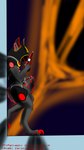 black_hole claws fur glowing glowing_tail grey_body grey_fur gun handgun hooded leaning_on_wall machine male ranged_weapon red_claws relaxing revolver shortsword solo tail weapon valorious_graham unnamed_character protogen 9:16 absurd_res hi_res