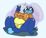 2019 anthro anthrofied arm_support backward_arm_support belly blue_body bottomless breasts cathy_(junktrashman) clothed clothing female fish front_view generation_3_pokemon genitals gesture grin hand_gesture junkbag lying marine nintendo non-mammal_breasts on_back orange_clothing orange_sweater orange_topwear overweight overweight_anthro overweight_female plump_labia pokemon pokemon_(species) pokemorph pussy reclining smile solo spread_legs spreading sweater topwear v_sign whiscash