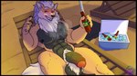 anthro arcanine balls beach beach_chair beer_bottle blush bodily_fluids bottle canid canine container cooler digital_media_(artwork) fur generation_1_pokemon genitals hi_res humanoid humanoid_genitalia humanoid_penis ice male mammal nintendo nipples nude osopolar-kun penis pokemon pokemon_(species) solo tail