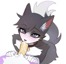 5_fingers anthro black_body black_fur blue_eyes blush collar collar_only collarbone dipstick_tail duo erection eyebrows fellatio fingers first_person_view fur genitals inner_ear_fluff looking_up male male/male male_pov markings nude oral oral_penetration penetration penile penis penis_in_mouth purple_body purple_fur raised_eyebrows red_nose sex simple_background tail tail_markings tuft white_background white_body white_fur yellow_penis mikosi domestic_cat felid feline felis mammal 2023 colored digital_drawing_(artwork) digital_media_(artwork) hi_res shaded