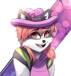 anthro clothed clothing eyelashes female fur grey_body grey_fur hair hat headgear headwear inner_ear_fluff looking_at_viewer nervous nervous_smile pink_eyes pink_hair simple_background smile solo teeth tongue tuft white_body white_fur pondfeesh mammal procyonid raccoon 2023 digital_media_(artwork) hi_res shaded