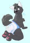 ageplay anthro black_body black_fur clean_diaper clothed clothing diaper diaper_only fur infantilism male markings pawpads roleplay solo tail topless wearing_diaper wetness_indicator worried worried_look terrytigear toya_pup canid canine canis mammal wolf hi_res