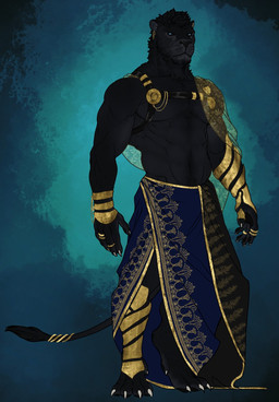 abs accessory anthro biceps black_sclera blue_background blue_eyes clothed clothing deltoids ear_piercing furgonomics gold_(metal) gold_jewelry harness jewelry male manly muscular navel obliques pecs piercing ring shirtless simple_background solo standing tail tail_accessory tail_jewelry triceps wristband movd felid lion mammal pantherine 2024 hi_res