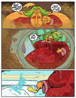 anthro big_butt bodily_fluids butt clothed clothed_anthro clothed_female clothing dialogue dress feces female flushing_toilet fully_clothed fully_clothed_anthro fully_clothed_female gassy green_hair hair huge_butt hyper hyper_butt lips macro macro_female oblivious orange_body red_clothing red_dress red_lips smelly solo speech_bubble sweat sweaty_butt sweaty_face text thick_lips toilet happypokeyboy cartoon_network chowder_(series) ms._endive animal_humanoid anteater anteater_humanoid humanoid mammal mammal_humanoid pilosan pilosan_humanoid xenarthran xenarthran_humanoid 2025 absurd_res comic english_text hi_res