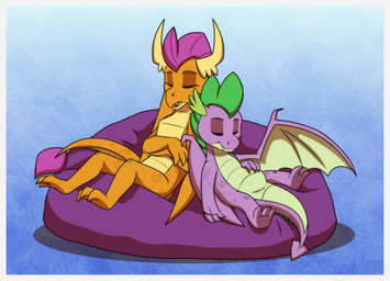 3_toes 4_fingers anthro bean_bag border duo eyes_closed fangs feet female fingers gradient_background male membrane_(anatomy) membranous_wings on_bean_bag orange_body purple_body reclining scales simple_background sleeping teeth toes white_border wings inuhoshi-to-darkpen friendship_is_magic hasbro my_little_pony mythology smolder_(mlp) spike_(mlp) dragon mythological_creature mythological_scalie scalie 2024 2025 hi_res