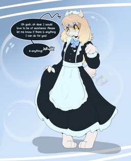 anthro apron barefoot black_clothing black_dress blush clothing dialogue dress feet female horn maid_headdress maid_uniform simple_background solo standing tail text uniform white_apron white_clothing yellow_eyes maynara starlight_(maynara) bovid caprine goat mammal 2026 english_text hi_res