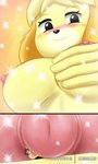 anthro big_breasts blush breasts duo extreme_size_difference female gentle_giant hug huge_breasts larger_female male male/female micro micro_on_nipple nano nipples nude rubbing size_difference smaller_male solo_focus sparkles micromike animal_crossing nintendo isabelle_(animal_crossing) canid canine canis domestic_dog human mammal shih_tzu toy_dog hi_res