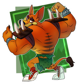 anthro biceps big_muscles bottomwear bracelet brown_hair brown_stripes claws clothed clothing eyebrows fangs fist flexing flexing_bicep footwear fur hair jewelry loincloth looking_back male muscular muscular_anthro muscular_arms muscular_male orange_body orange_eyes orange_fur pecs rear_view sharp_teeth shoes shoulder_pads simple_background solo spiked_bracelet spiked_shoulder_pads spikes striped_body striped_fur stripes tail tail_tuft tan_body tan_fur teeth thick_eyebrows topless triceps tuft white_background taylortrap622 activision crash_bandicoot_(series) tiny_tiger dasyuromorph mammal marsupial recently_extinct_species thylacine 2022 hi_res