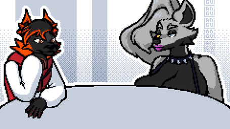 big_breasts bouncing_breasts breast_play breast_squish breasts clothed clothing duo female furniture happy huge_breasts hyper hyper_breasts looking_at_another looking_down looking_pleasured male partially_clothed squish table langui animated animated_gif hi_res short_playtime