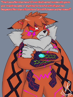 anthro armor bodily_fluids clothing crossed_arms dialogue female fur gauntlets gloves handwear orange_body orange_fur pouting red_eyes simple_background solo tears teary_eyes text white_body white_fur vanilla_road bandai_namco digimon digimon_(species) domestic_cat felid feline felis mammal meicrackmon meicrackmon_vicious_mode 3:4 absurd_res comic english_text hi_res