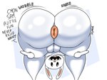 anthro anus balls big_butt butt dialogue exclamation_point fur genitals long_ears looking_through looking_through_legs male motion_outline open_mouth pink_anus pink_nose puffy_anus rabbit_ears rear_view scrotum_flap sharp_teeth simple_background solo sound_effects teeth text thick_thighs white_background white_body white_fur objectdicks sam_and_max max_(sam_and_max) lagomorph leporid mammal rabbit 2025 english_description english_text hi_res