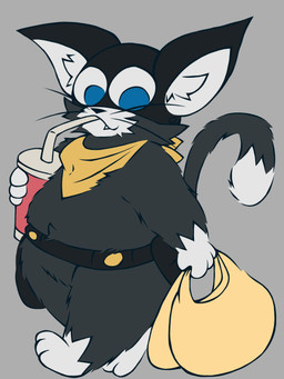 anthro belly belly_tuft belt black_body black_fur black_nose blue_eyes clothing container cup disposable_cup fangs fluffy fur holding_object kerchief looking_at_object looking_down male markings mask plastic_bag shortstack slightly_chubby solo tail tail_markings teeth tuft utility_belt walking whiskers white_body white_fur yellow_clothing justwatchingthings atlus fattytober megami_tensei persona_(series) persona_5 sega morgana_(persona) domestic_cat felid feline felis mammal tuxedo_cat 3:4 hi_res