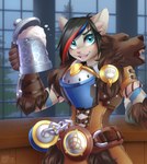 animal_skin anthro armor beverage blue_eyes blue_highlights blush clothing container corset cosplay cup female grey_body highlights_(coloring) inside lingerie open_mouth pink_nose plant red_highlights smile solo stein topwear tree window dannyckoo ladnelsiya blizzard_entertainment overwatch brigitte_(overwatch) chikachi domestic_cat felid feline felis mammal 2019 half-length_portrait hi_res portrait