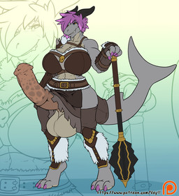 animal_genitalia animal_penis anthro armor balls big_balls big_breasts big_penis biped breasts claws clothed clothing equine_genitalia equine_penis erection genitals gynomorph hair huge_penis intersex mace medial_ring melee_weapon non-mammal_breasts patreon_logo penis short_hair solo text toe_claws weapon website_logo zoom_layer veyll patreon vishka aquatic demon fish shark 2018 digital_media_(artwork) url