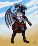 2017 anthro bat blue_body blue_hair boots bottomwear brown_boots brown_clothing brown_footwear clothed clothing cloud dated eyewear eyewear_on_head female footwear front_view full-length_portrait glistening glistening_eyes goggles goggles_on_head grey_body grey_wings gun hair hi_res holding_gun holding_object holding_ranged_weapon holding_weapon looking_at_viewer mammal membrane_(anatomy) membranous_wings mouth_closed outside pink_clothing pink_topwear portrait purple_eyes ranged_weapon red_bottomwear red_clothing red_skirt shoes signature skirt sky solo standing tiggybloom topwear weapon wings