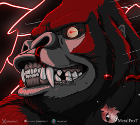anthro aroused blood bodily_fluids fangs_bared henrick_silverbax male mouth_focus nosebleed rape_face saliva solo toothy_grin metalfoxt ape gorilla haplorhine mammal primate black_and_white_and_red bust_portrait digital_media_(artwork) hi_res portrait