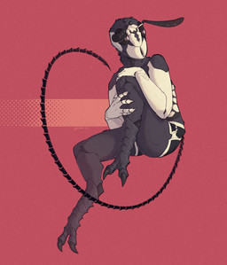 2_toes ambiguous_gender antennae_(anatomy) anthro athletic_wear bent_leg black_body black_claws black_exoskeleton bottomwear claws clothed clothing compound_eyes digitigrade exoskeleton feet finger_claws gym_bottomwear gym_shorts hand_on_knee hand_on_leg mandibles ocellis red_background segmented_body segmented_tail shorts simple_background sitting solo tail toes topless topless_anthro white_body white_exoskeleton gunwasp arthropod bald-faced_hornet hymenopteran insect vespid wasp yellowjacket_(wasp) 2026 clip_studio_paint_(artwork) digital_drawing_(artwork) digital_media_(artwork) full-length_portrait halftone hi_res portrait shaded