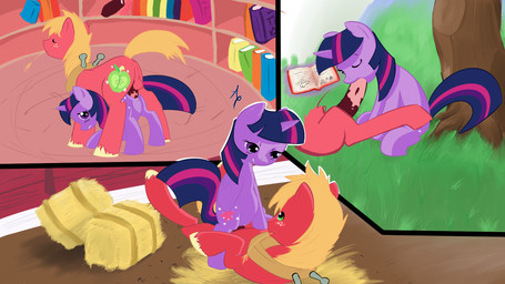 all_fours anus backsack balls blonde_hair book butt chewing chewing_grass cowgirl_position cutie_mark doggystyle duo erection fellatio female female_on_top female_penetrated feral freckles from_behind_position from_front_position fur genitals green_eyes hair hay horn looking_back lying magic male male/female male_on_bottom male_penetrating male_penetrating_female multicolored_hair object_in_mouth on_back on_bottom on_top one_eye_closed oral oral_penetration orange_hair penetration penile penile_penetration penis penis_in_vagina pink_hair plant plow_yoke purple_body purple_eyes purple_fur purple_hair red_body red_fur sex sitting straddling tree two_tone_hair vaginal vaginal_penetration vulva wheat air6ornepig friendship_is_magic hasbro my_little_pony mythology big_macintosh_(mlp) twilight_sparkle_(mlp) earth_pony equid equine horse mammal mythological_creature mythological_equine pony unicorn 16:9 2011 comic hi_res signature widescreen